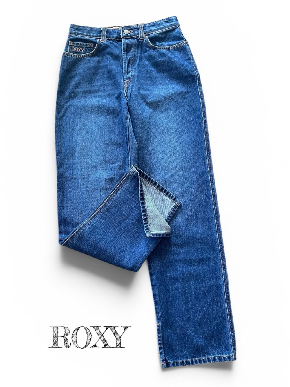 ROXY Loose Straight Leg Blue Denim Jeans Sz 27 Dark Wash 4 Button Fly High Rise